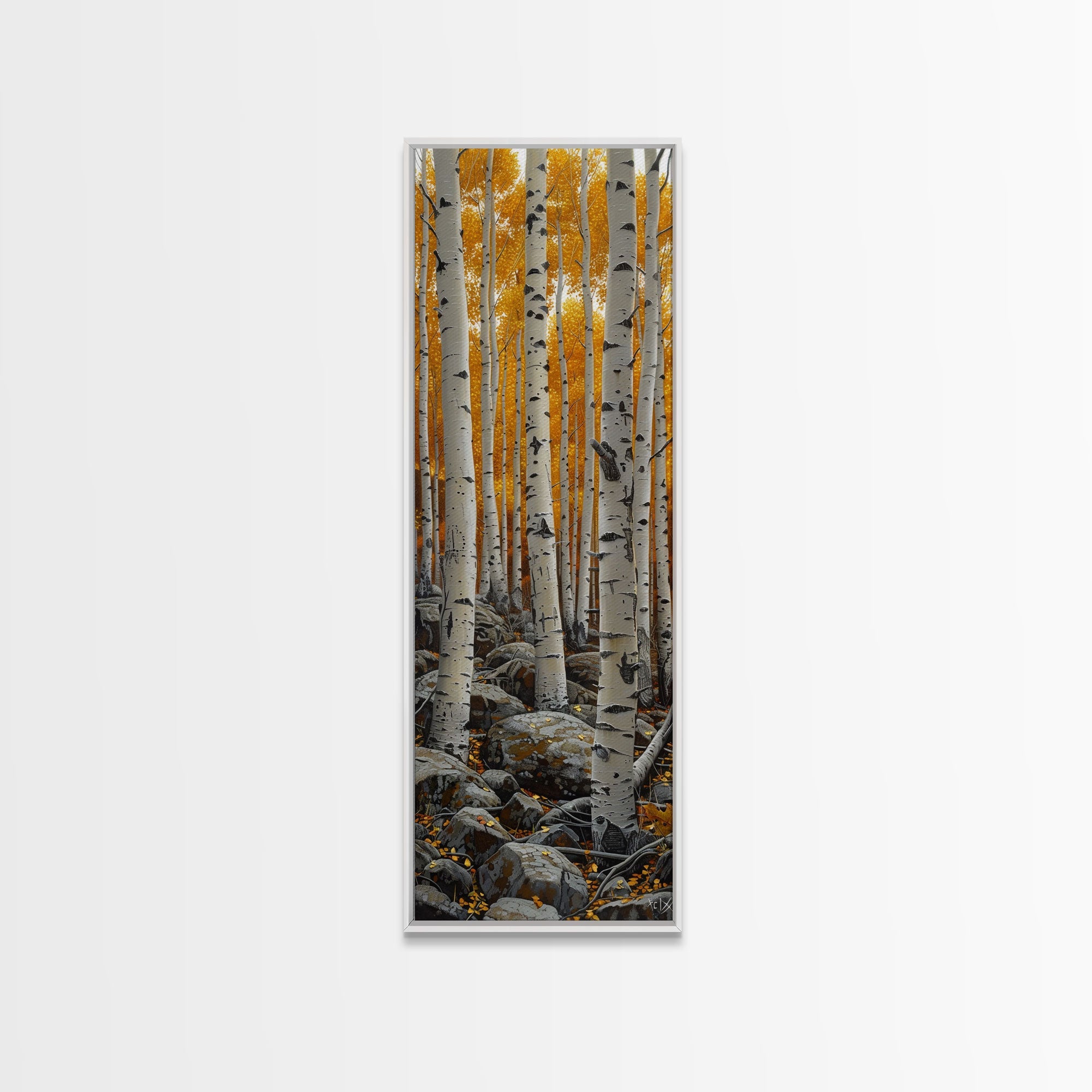 Birch Tree Forest, Framed Canvas Print, Skinny / Tall Wall Art, Living Room Decor, Landscape Painting, Nature Decor